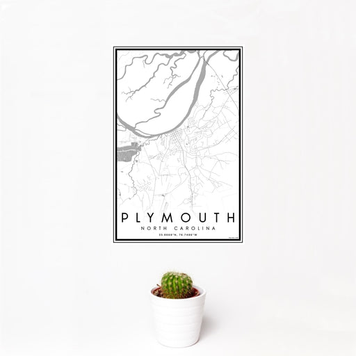 12x18 Plymouth North Carolina Map Print Portrait Orientation in Classic Style With Small Cactus Plant in White Planter