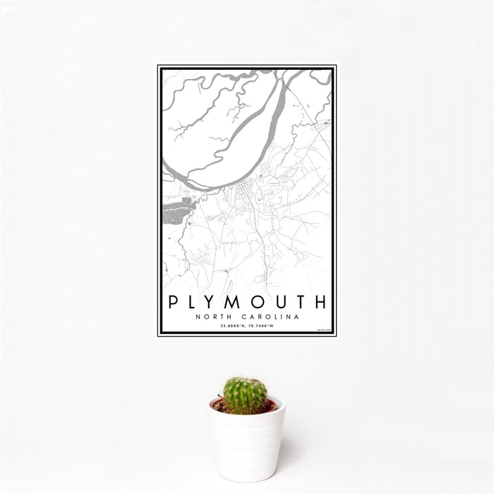 12x18 Plymouth North Carolina Map Print Portrait Orientation in Classic Style With Small Cactus Plant in White Planter