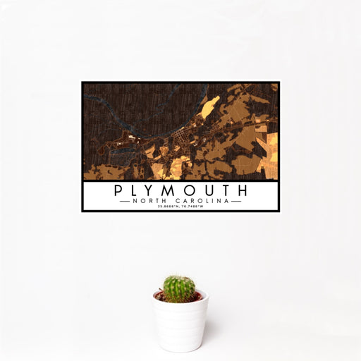 12x18 Plymouth North Carolina Map Print Landscape Orientation in Ember Style With Small Cactus Plant in White Planter