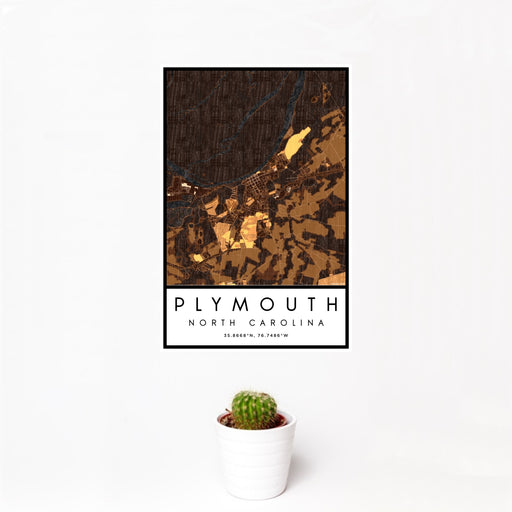 12x18 Plymouth North Carolina Map Print Portrait Orientation in Ember Style With Small Cactus Plant in White Planter