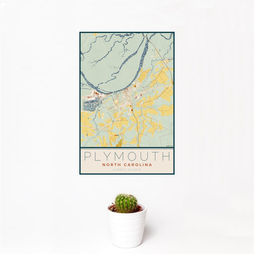 12x18 Plymouth North Carolina Map Print Portrait Orientation in Woodblock Style With Small Cactus Plant in White Planter