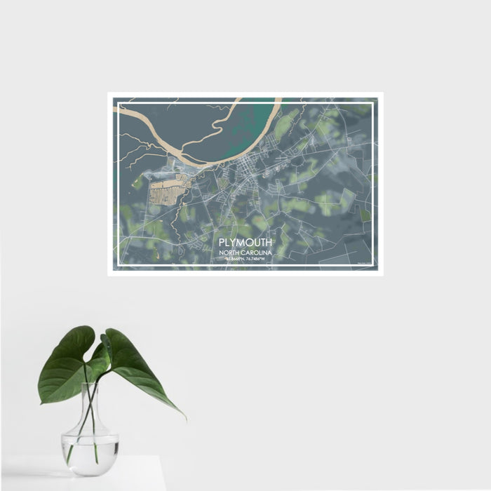 16x24 Plymouth North Carolina Map Print Landscape Orientation in Afternoon Style With Tropical Plant Leaves in Water
