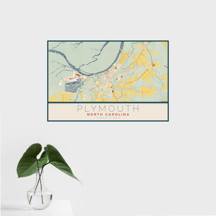 16x24 Plymouth North Carolina Map Print Landscape Orientation in Woodblock Style With Tropical Plant Leaves in Water