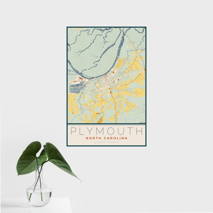 16x24 Plymouth North Carolina Map Print Portrait Orientation in Woodblock Style With Tropical Plant Leaves in Water