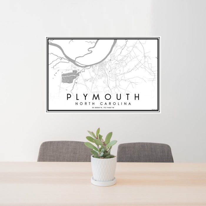 24x36 Plymouth North Carolina Map Print Lanscape Orientation in Classic Style Behind 2 Chairs Table and Potted Plant