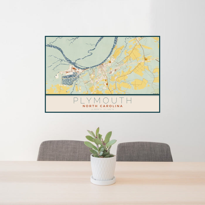 24x36 Plymouth North Carolina Map Print Lanscape Orientation in Woodblock Style Behind 2 Chairs Table and Potted Plant