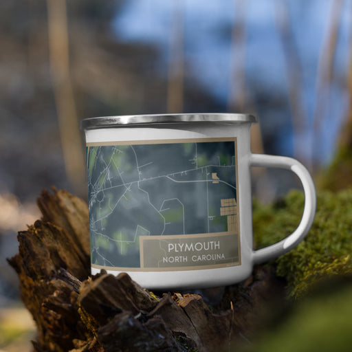 Right View Custom Plymouth North Carolina Map Enamel Mug in Afternoon on Grass With Trees in Background