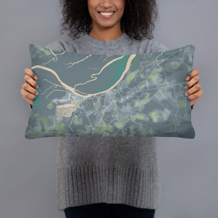 Person holding 20x12 Custom Plymouth North Carolina Map Throw Pillow in Afternoon