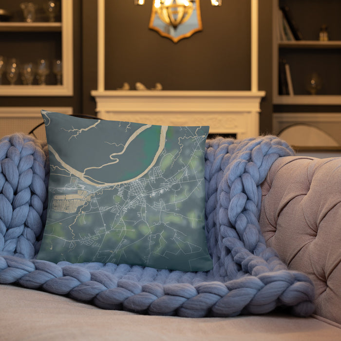 Custom Plymouth North Carolina Map Throw Pillow in Afternoon on Cream Colored Couch