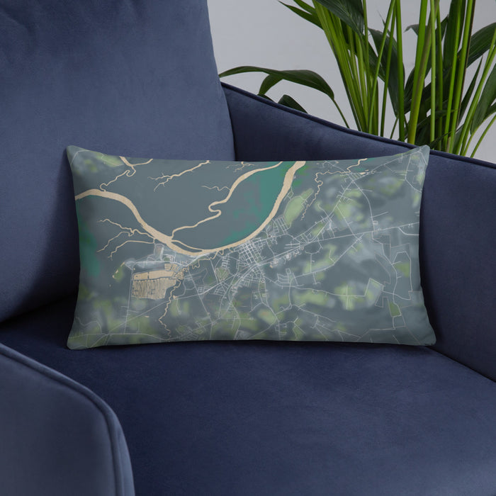 Custom Plymouth North Carolina Map Throw Pillow in Afternoon on Blue Colored Chair