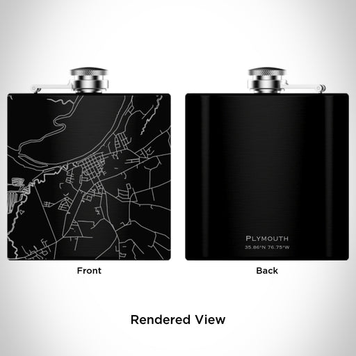 Rendered View of Plymouth North Carolina Map Engraving on 6oz Stainless Steel Flask in Black