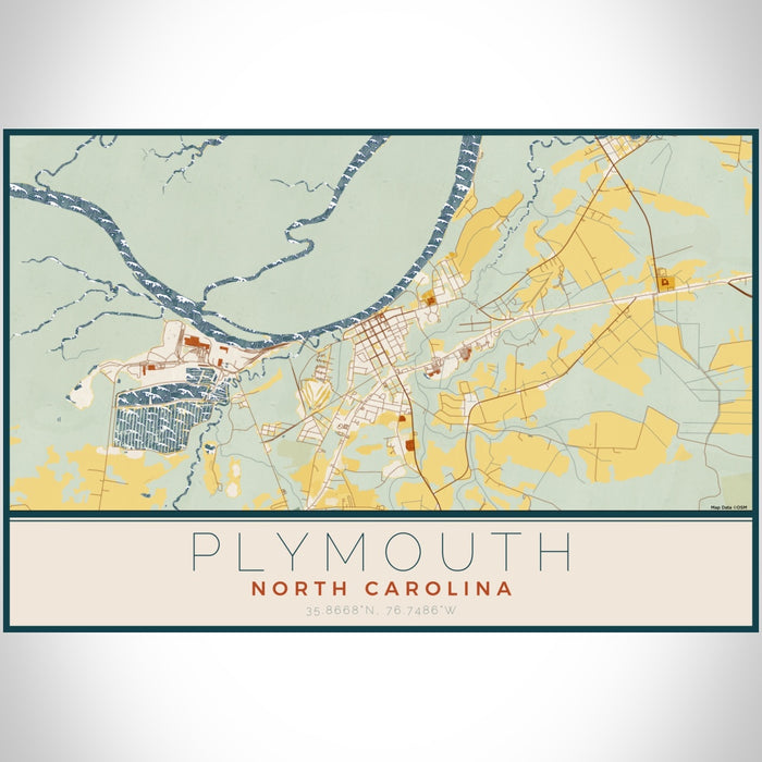 Plymouth North Carolina Map Print Landscape Orientation in Woodblock Style With Shaded Background