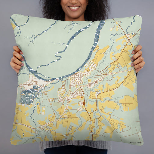 Person holding 22x22 Custom Plymouth North Carolina Map Throw Pillow in Woodblock