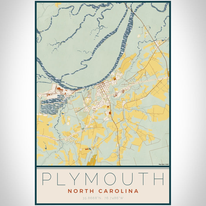Plymouth North Carolina Map Print Portrait Orientation in Woodblock Style With Shaded Background