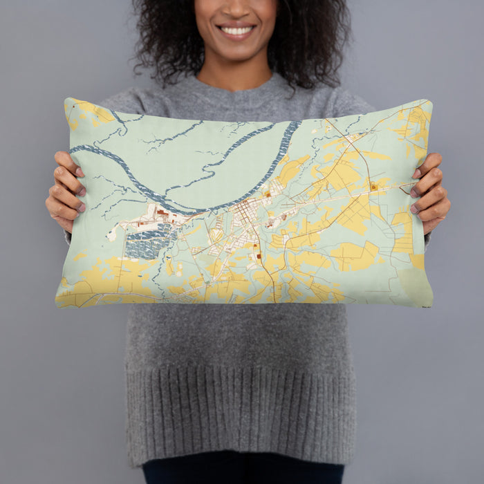 Person holding 20x12 Custom Plymouth North Carolina Map Throw Pillow in Woodblock
