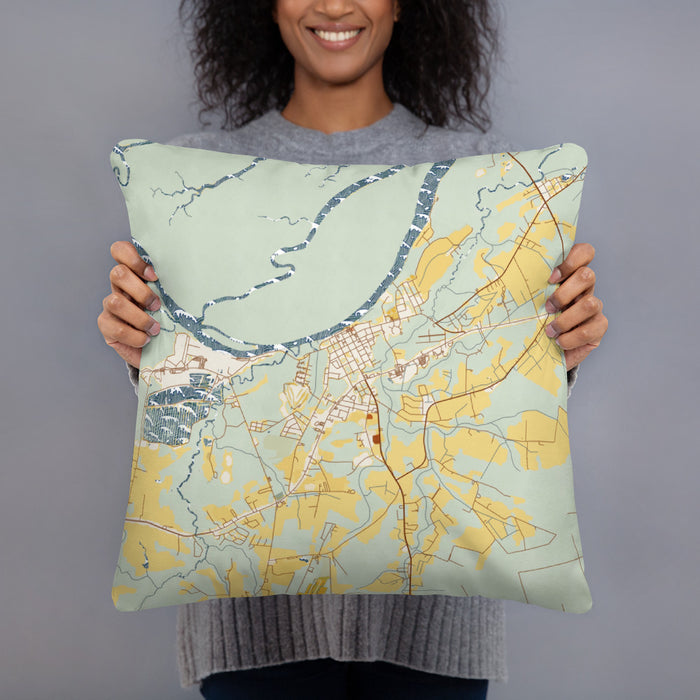 Person holding 18x18 Custom Plymouth North Carolina Map Throw Pillow in Woodblock