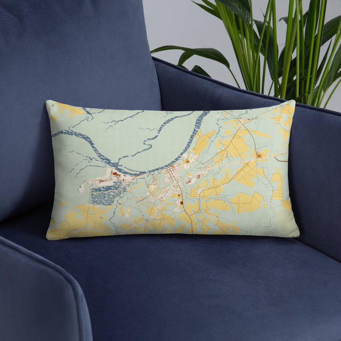 Custom Plymouth North Carolina Map Throw Pillow in Woodblock on Blue Colored Chair