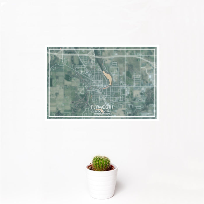 12x18 Plymouth Wisconsin Map Print Landscape Orientation in Afternoon Style With Small Cactus Plant in White Planter