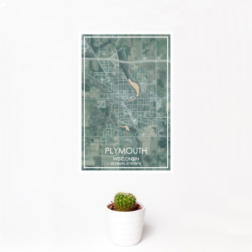 12x18 Plymouth Wisconsin Map Print Portrait Orientation in Afternoon Style With Small Cactus Plant in White Planter