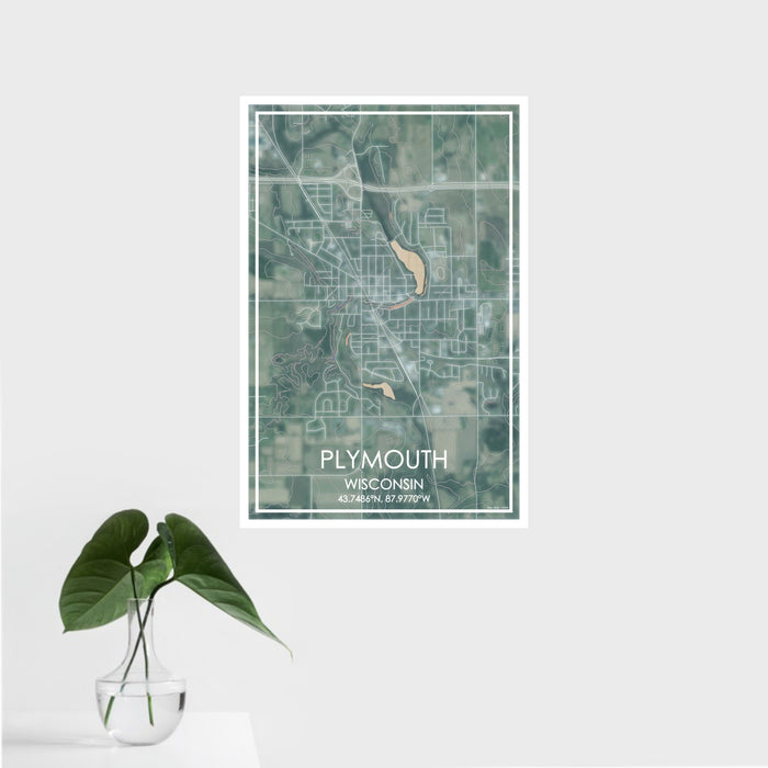 16x24 Plymouth Wisconsin Map Print Portrait Orientation in Afternoon Style With Tropical Plant Leaves in Water