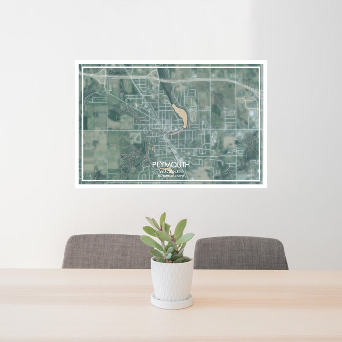 24x36 Plymouth Wisconsin Map Print Lanscape Orientation in Afternoon Style Behind 2 Chairs Table and Potted Plant