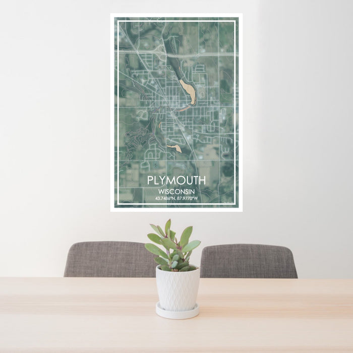 24x36 Plymouth Wisconsin Map Print Portrait Orientation in Afternoon Style Behind 2 Chairs Table and Potted Plant
