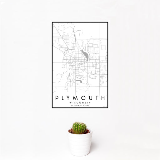 12x18 Plymouth Wisconsin Map Print Portrait Orientation in Classic Style With Small Cactus Plant in White Planter