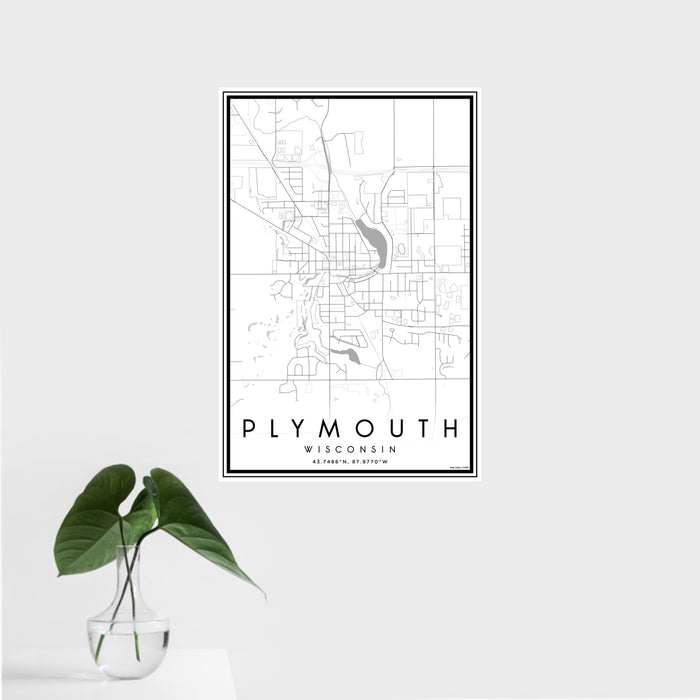 16x24 Plymouth Wisconsin Map Print Portrait Orientation in Classic Style With Tropical Plant Leaves in Water