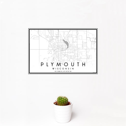 12x18 Plymouth Wisconsin Map Print Landscape Orientation in Classic Style With Small Cactus Plant in White Planter