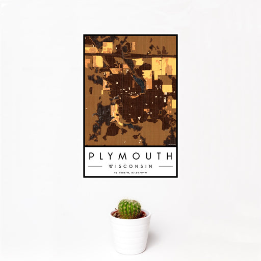 12x18 Plymouth Wisconsin Map Print Portrait Orientation in Ember Style With Small Cactus Plant in White Planter
