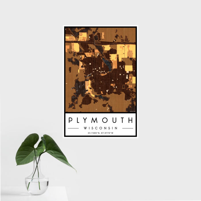 16x24 Plymouth Wisconsin Map Print Portrait Orientation in Ember Style With Tropical Plant Leaves in Water