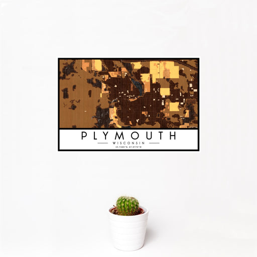 12x18 Plymouth Wisconsin Map Print Landscape Orientation in Ember Style With Small Cactus Plant in White Planter