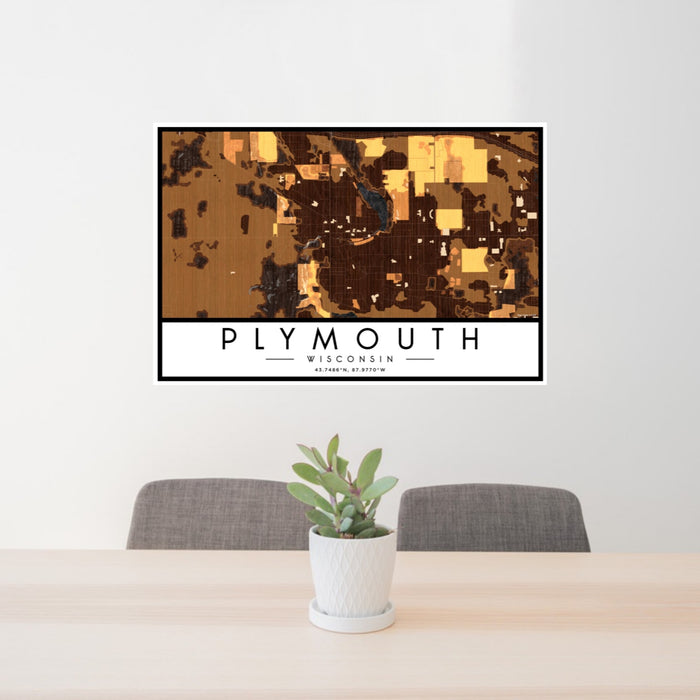 24x36 Plymouth Wisconsin Map Print Landscape Orientation in Ember Style Behind 2 Chairs Table and Potted Plant