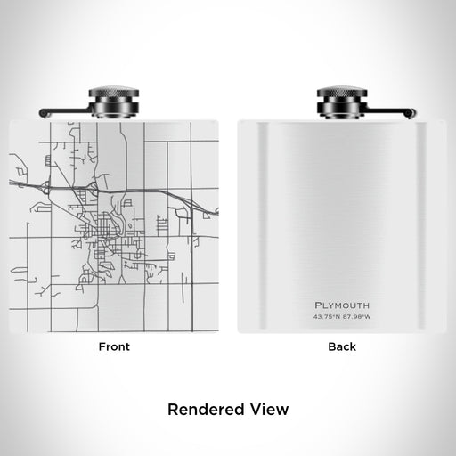 Rendered View of Plymouth Wisconsin Map Engraving on 6oz Stainless Steel Flask in White