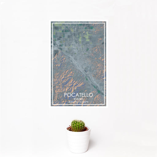 12x18 Pocatello Idaho Map Print Portrait Orientation in Afternoon Style With Small Cactus Plant in White Planter