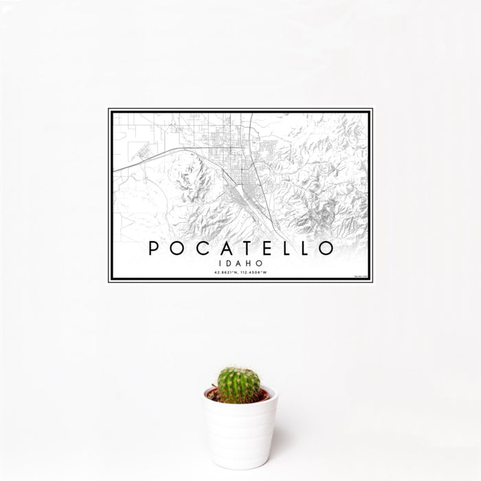 12x18 Pocatello Idaho Map Print Landscape Orientation in Classic Style With Small Cactus Plant in White Planter