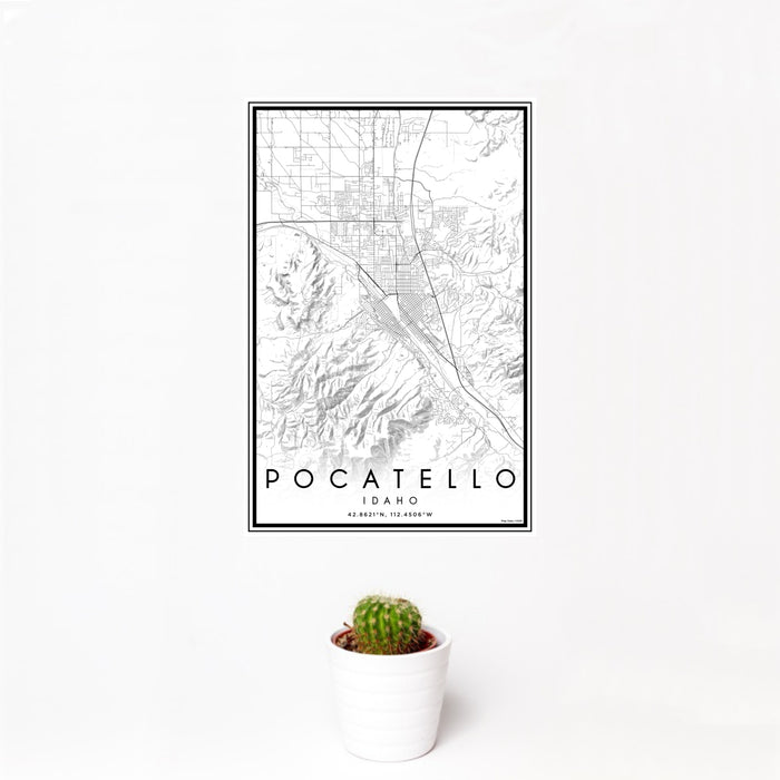 12x18 Pocatello Idaho Map Print Portrait Orientation in Classic Style With Small Cactus Plant in White Planter