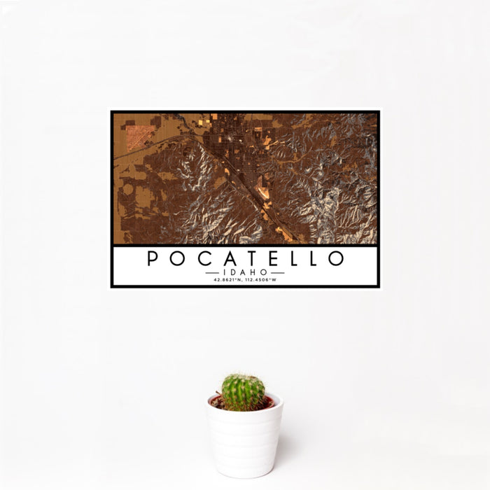 12x18 Pocatello Idaho Map Print Landscape Orientation in Ember Style With Small Cactus Plant in White Planter