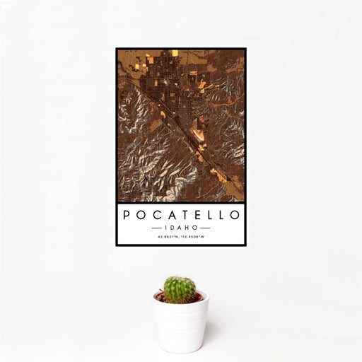 12x18 Pocatello Idaho Map Print Portrait Orientation in Ember Style With Small Cactus Plant in White Planter