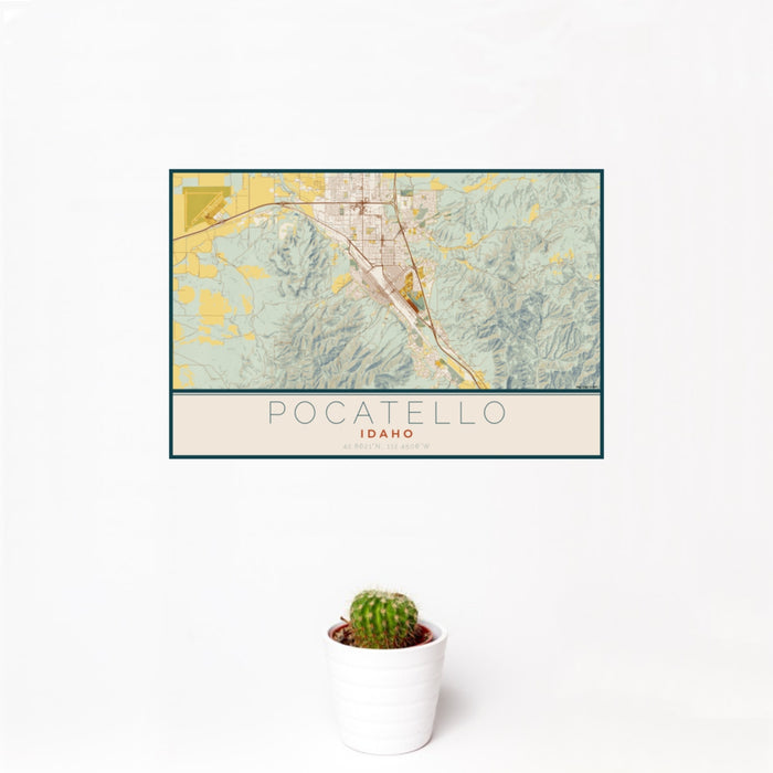 12x18 Pocatello Idaho Map Print Landscape Orientation in Woodblock Style With Small Cactus Plant in White Planter