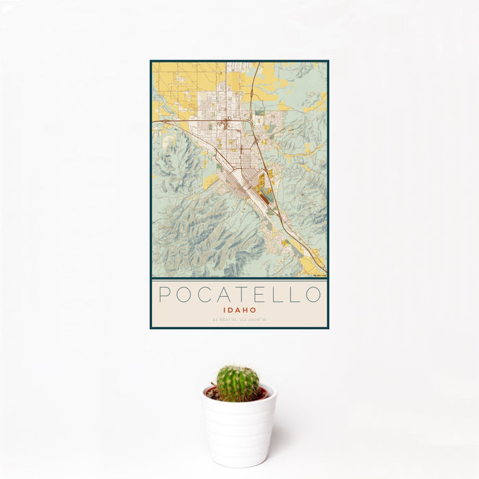 12x18 Pocatello Idaho Map Print Portrait Orientation in Woodblock Style With Small Cactus Plant in White Planter