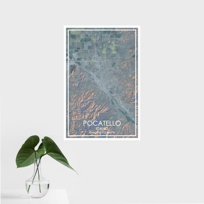 16x24 Pocatello Idaho Map Print Portrait Orientation in Afternoon Style With Tropical Plant Leaves in Water