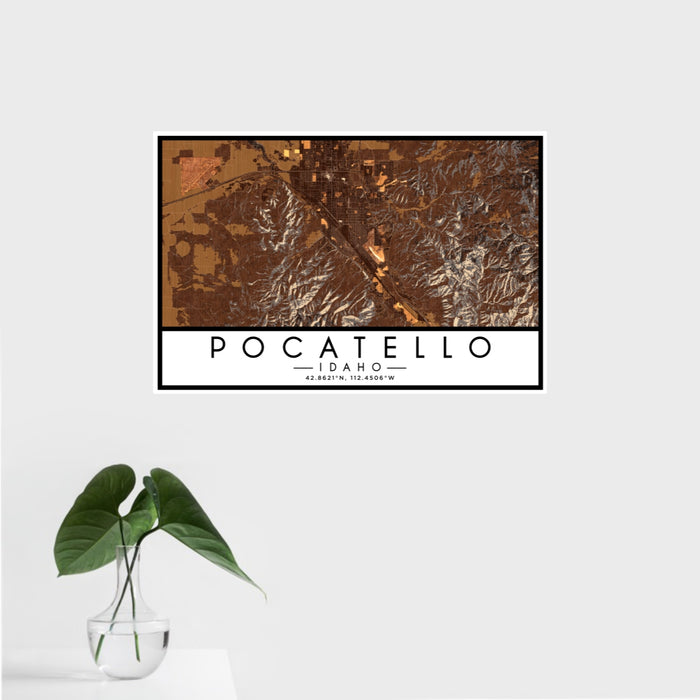 16x24 Pocatello Idaho Map Print Landscape Orientation in Ember Style With Tropical Plant Leaves in Water