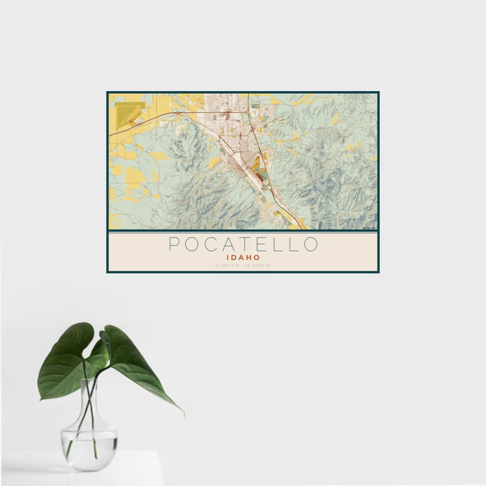 16x24 Pocatello Idaho Map Print Landscape Orientation in Woodblock Style With Tropical Plant Leaves in Water