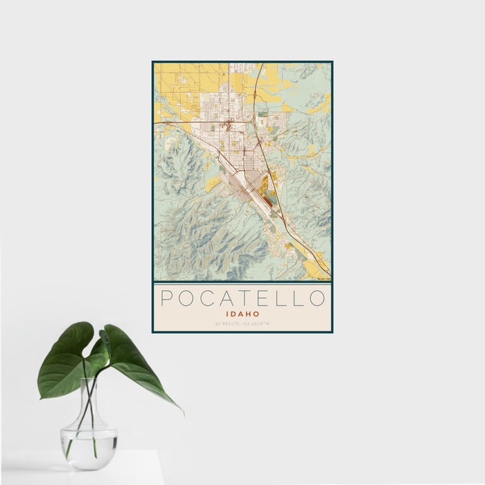 16x24 Pocatello Idaho Map Print Portrait Orientation in Woodblock Style With Tropical Plant Leaves in Water