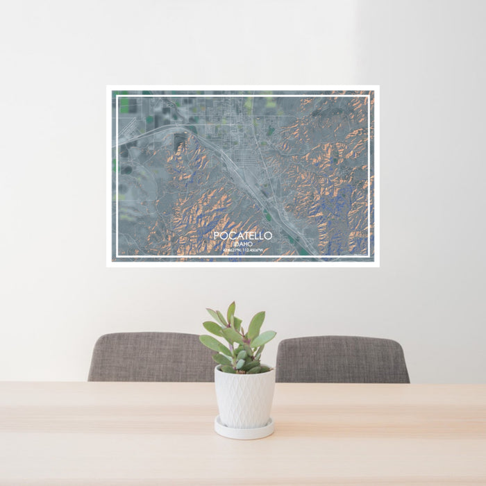 24x36 Pocatello Idaho Map Print Lanscape Orientation in Afternoon Style Behind 2 Chairs Table and Potted Plant
