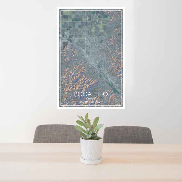 24x36 Pocatello Idaho Map Print Portrait Orientation in Afternoon Style Behind 2 Chairs Table and Potted Plant