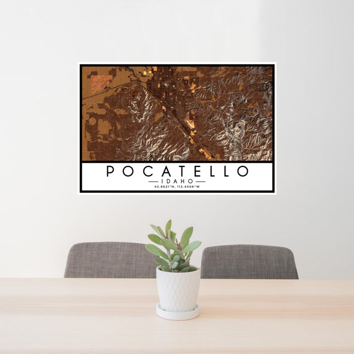 24x36 Pocatello Idaho Map Print Lanscape Orientation in Ember Style Behind 2 Chairs Table and Potted Plant