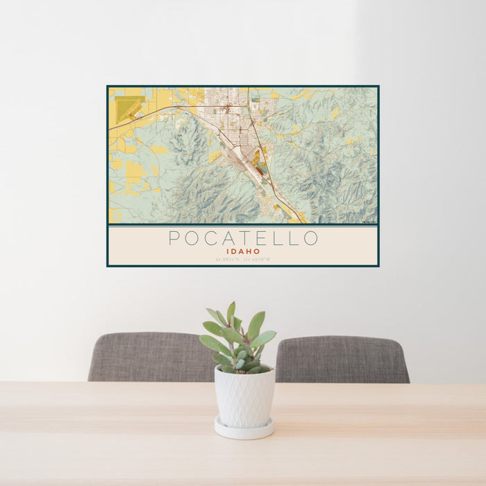 24x36 Pocatello Idaho Map Print Lanscape Orientation in Woodblock Style Behind 2 Chairs Table and Potted Plant