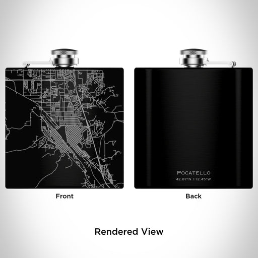 Rendered View of Pocatello Idaho Map Engraving on 6oz Stainless Steel Flask in Black